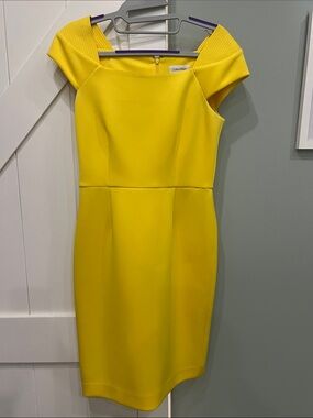 Calvin Klein Bright Yellow Off-Shoulder Midi Sheath Dress